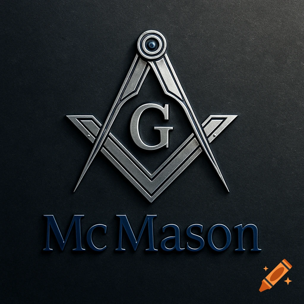 A metallic embossed Freemason square and compass symbol with a letter 'G' in the center, above the 3D blue metallic text 'McMason' on a dark textured background.