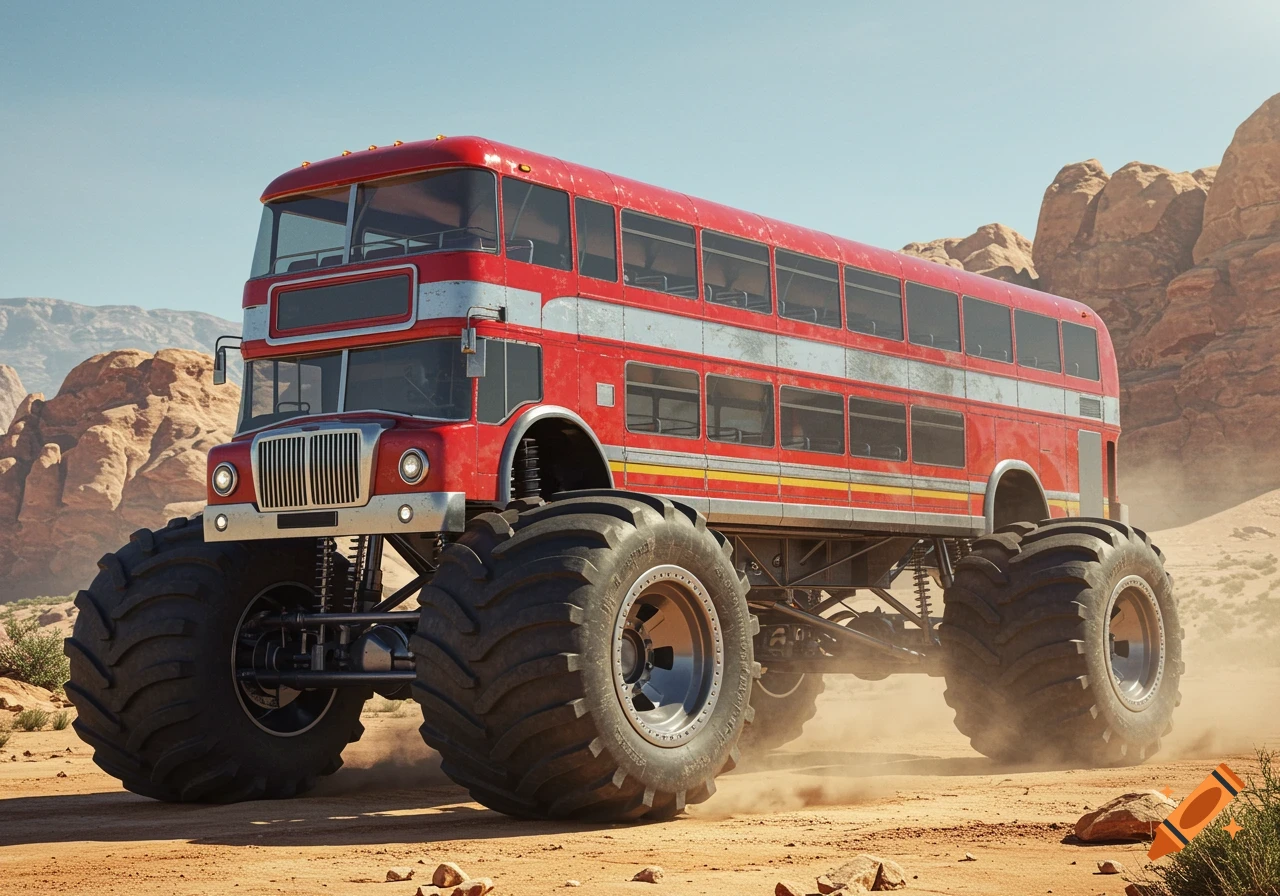 A red double-decker bus on large monster truck tires drives through a dusty desert.