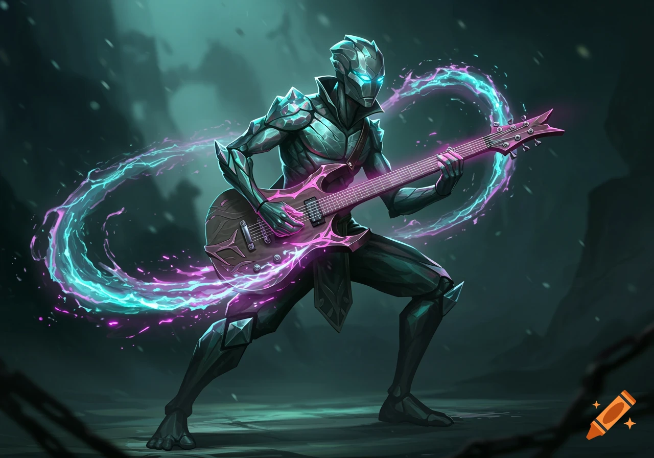A stylized fantasy concept art of a humanoid figure with crystalline skin playing a pink electric guitar, surrounded by glowing teal and magenta energy.