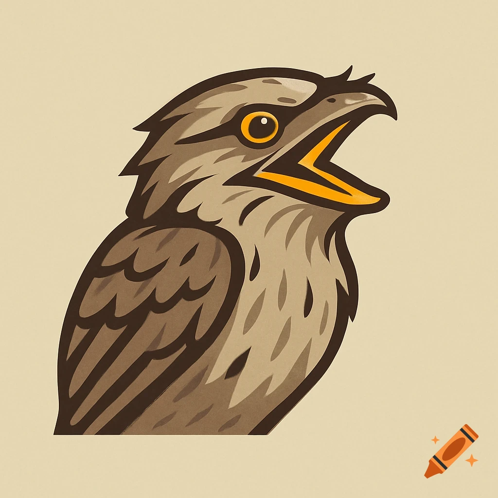 A stylized logo of a tawny frogmouth bird with its beak open, on a beige background.