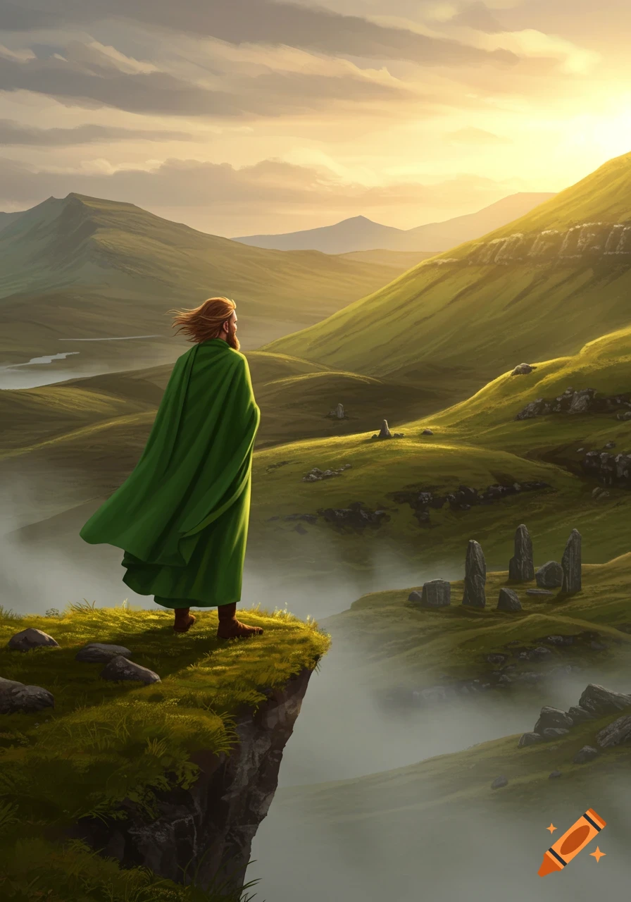 A man in a green robe stands on a cliff overlooking a misty, green mountainous landscape with standing stones at sunset.