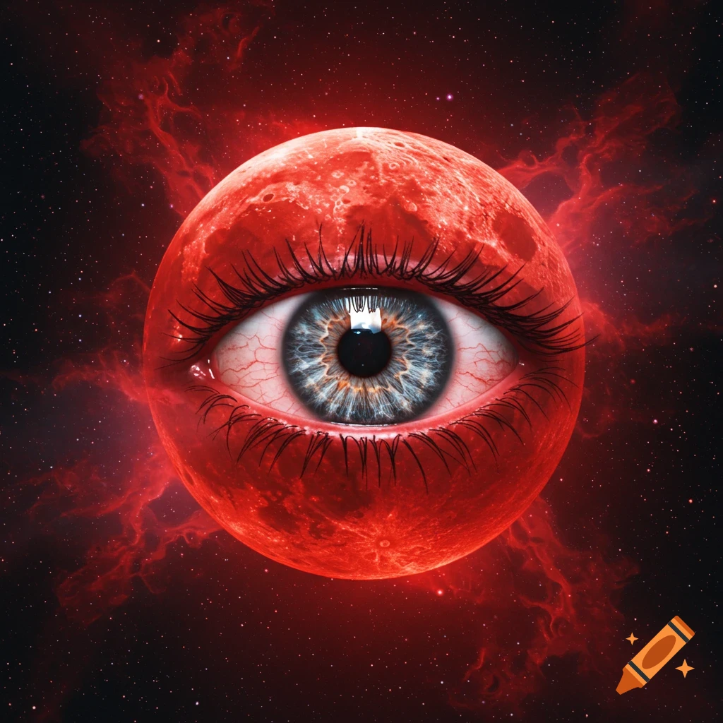 A detailed human eye with blue and brown iris on a red, cratered moon, set against a dark space background with red nebulae and stars.