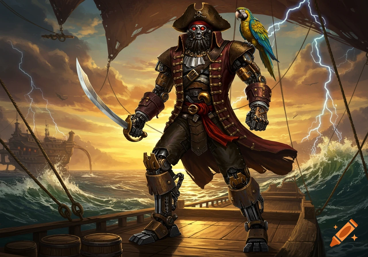 A robot pirate captain with a cutlass and a parrot on his shoulder stands on a ship deck during a stormy sunset.