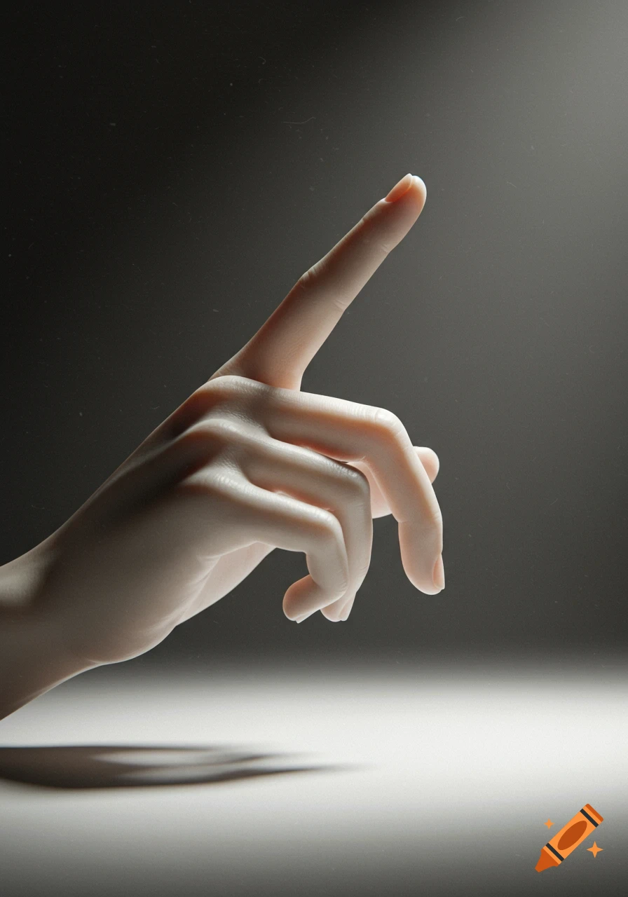 A close-up photorealistic image of a hand with an index finger pointing upwards against a dark background.