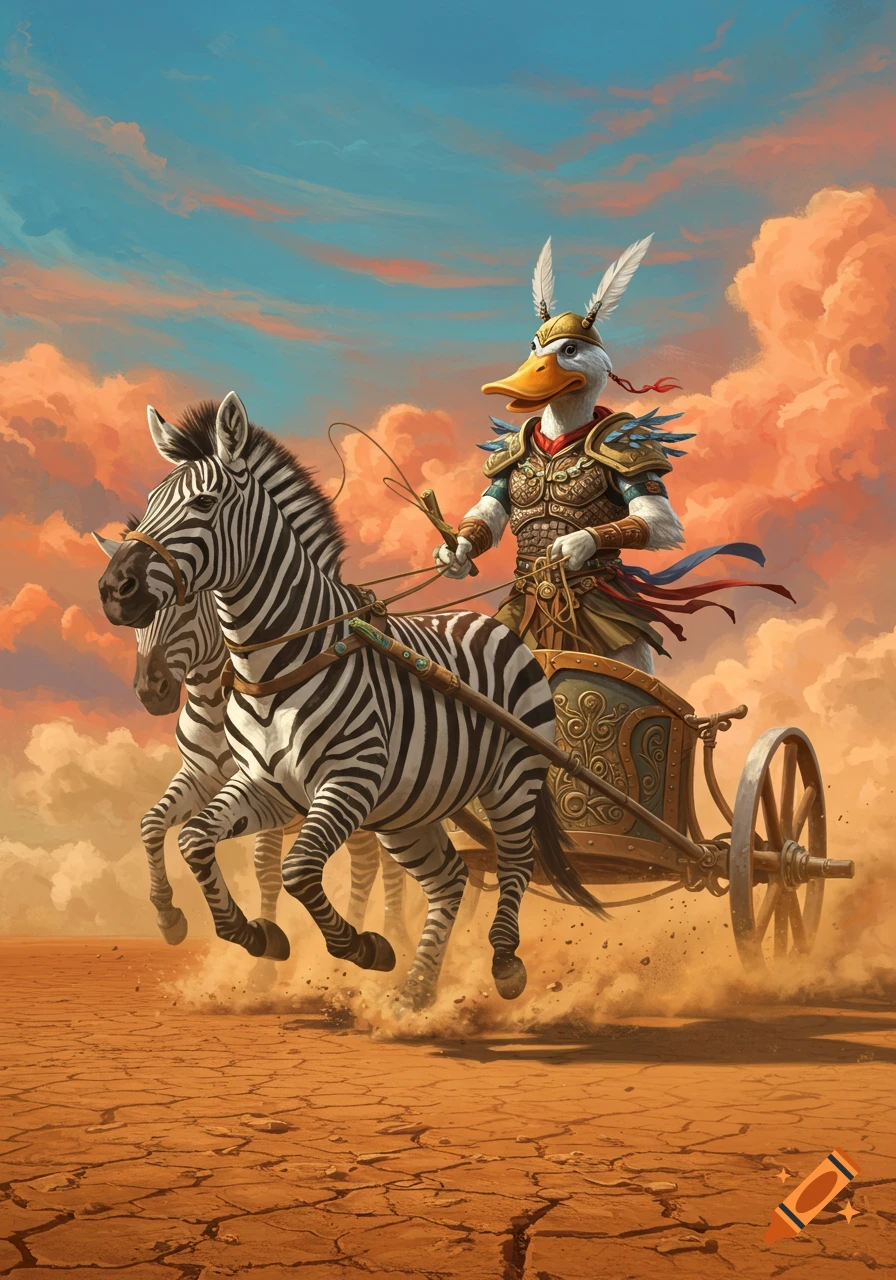 A valiant duck-human warrior in armor drives a chariot pulled by two zebras across a cracked desert under an orange sky.