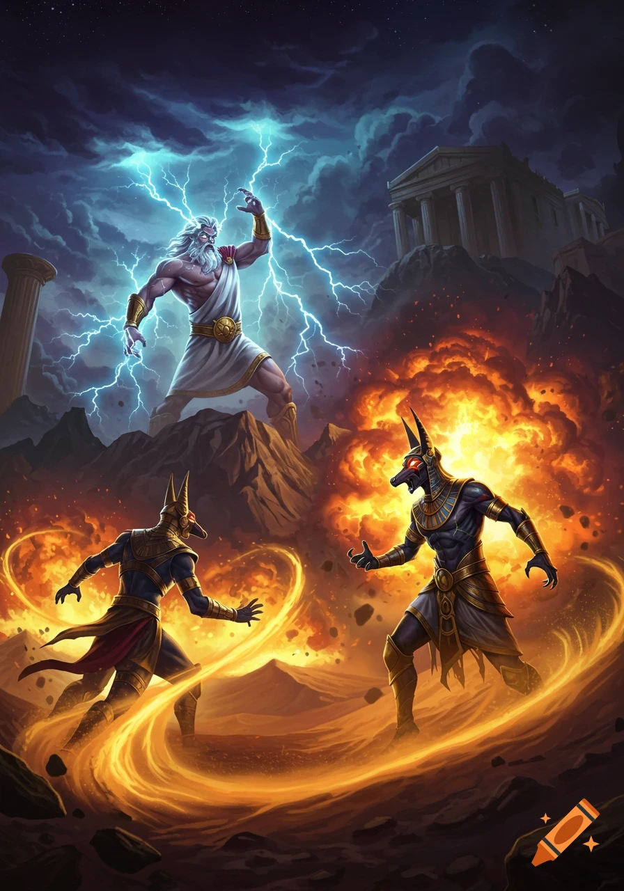 Zeus conjures lightning above two jackal-headed gods amidst fire and golden energy in a dramatic mythological battle.