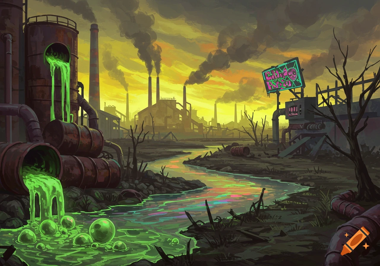 A stylized illustration of a polluted industrial landscape with factories emitting smoke, a river with oil slicks, and green toxic waste flowing from pipes.