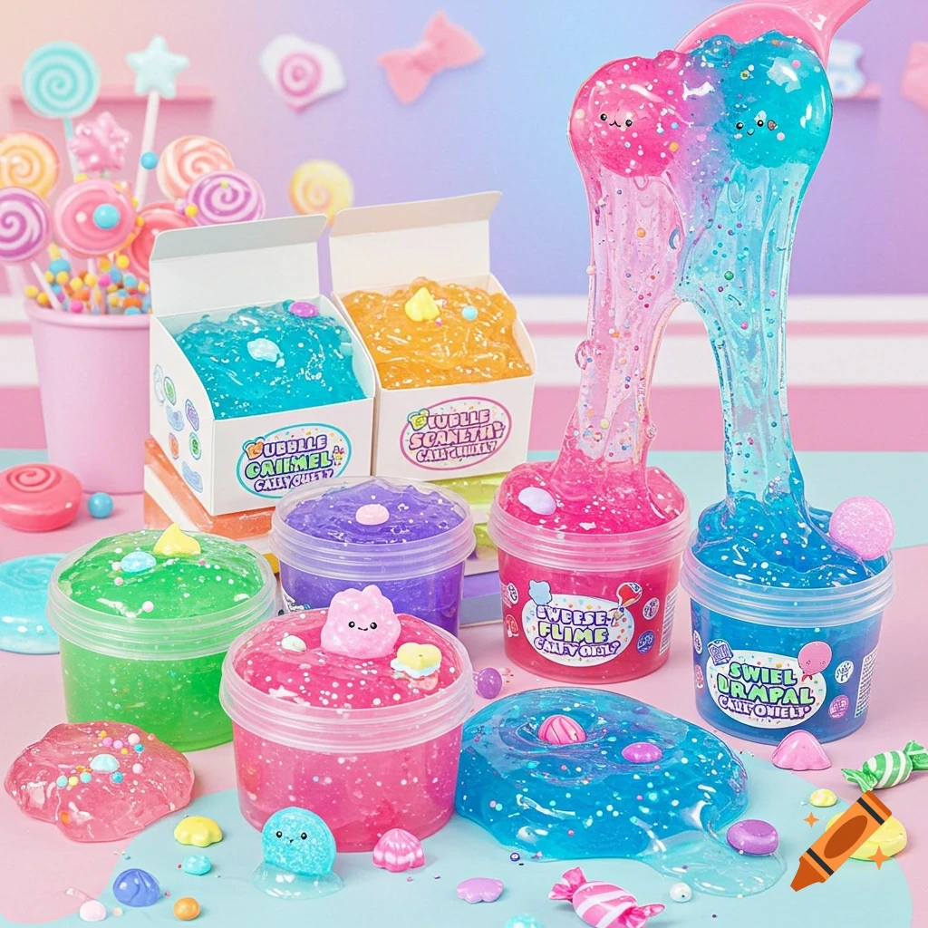 Brightly colored slime containers, some with stretched slime, surrounded by candies and lollipops on a pastel background.