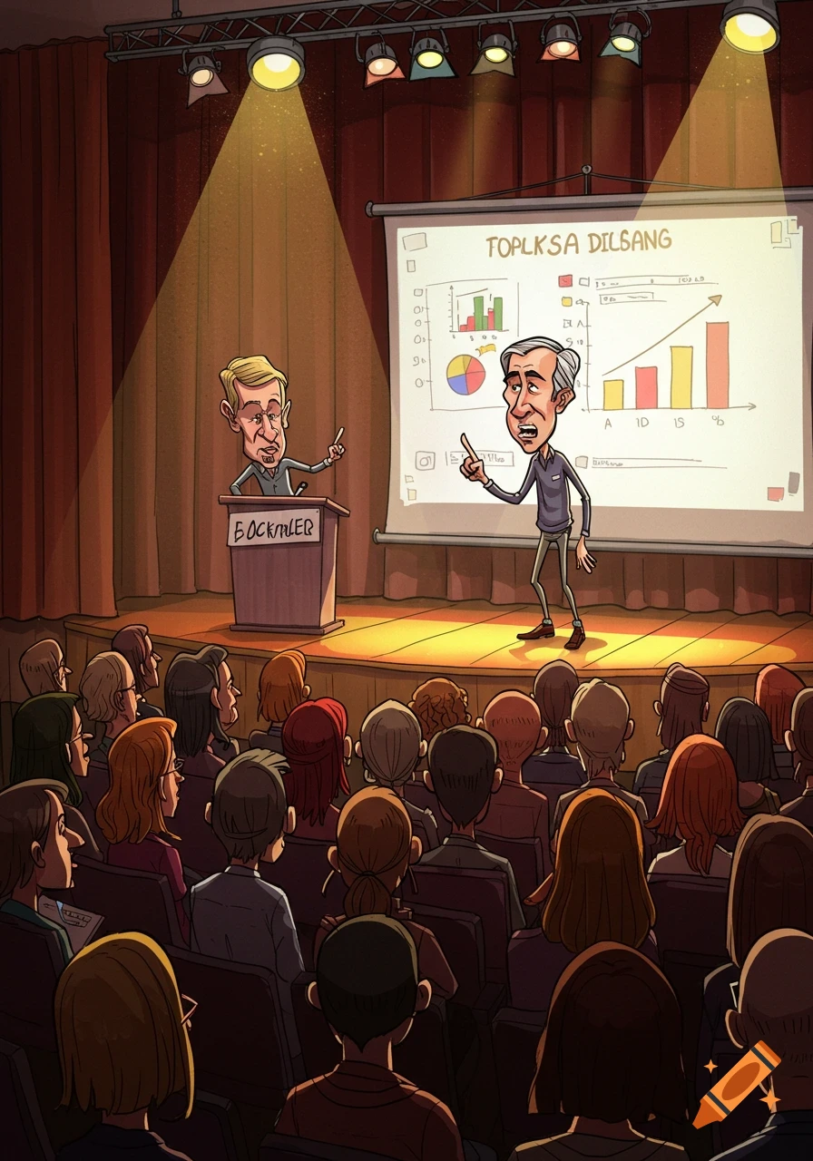 A cartoon caricature of two men giving a presentation on stage to an audience, with charts on a projector screen.