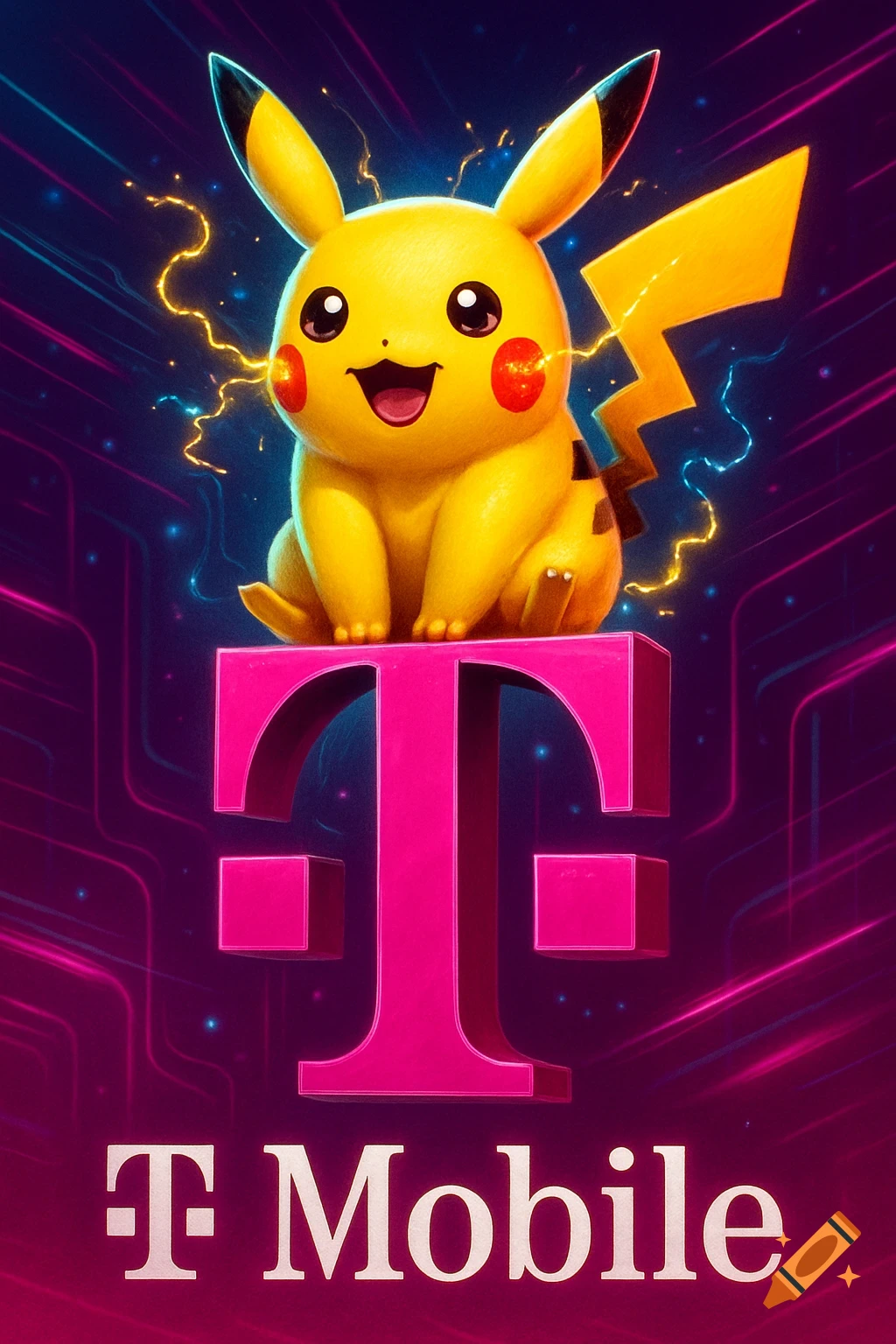 A vibrant illustration of a cute Pikachu sitting on a large pink T-Mobile logo, with lightning bolts and glowing lines in the background.