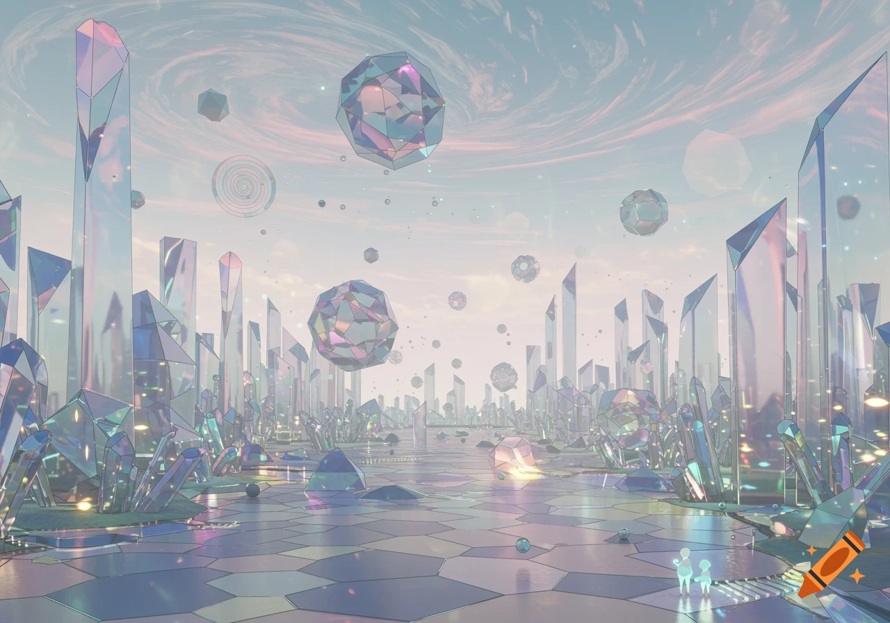 A surreal, luminous landscape with iridescent crystal structures and floating geometric shapes under a pastel sky.