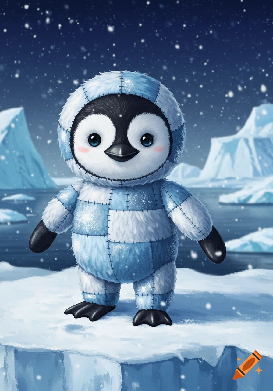 A cute penguin doll with rosy cheeks wearing a blue and white quilted snowsuit stands on an ice floe in a snowy arctic landscape.