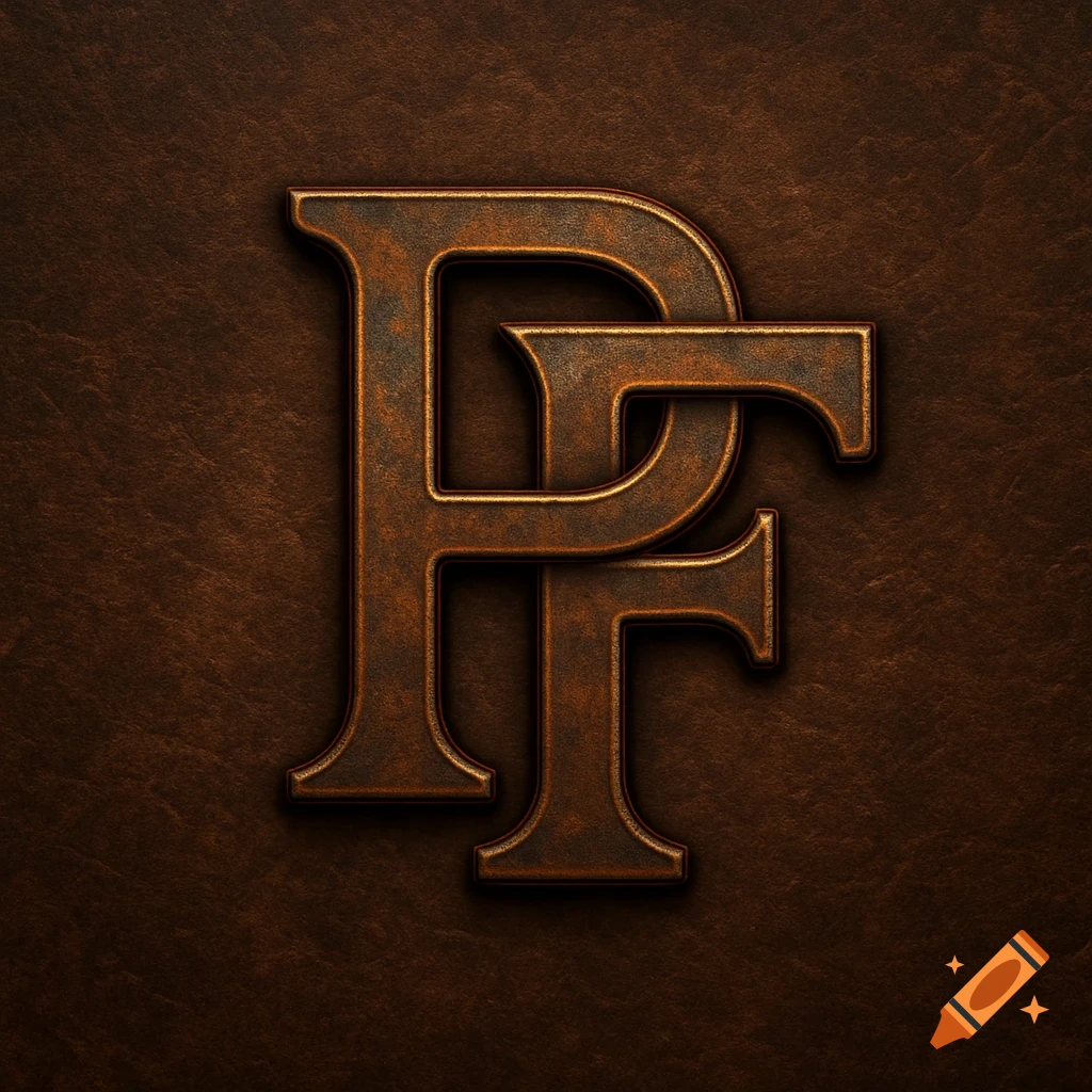 A stylized monogram of the letters 'PF' in a rusty, metallic texture, set against a dark brown, textured background.