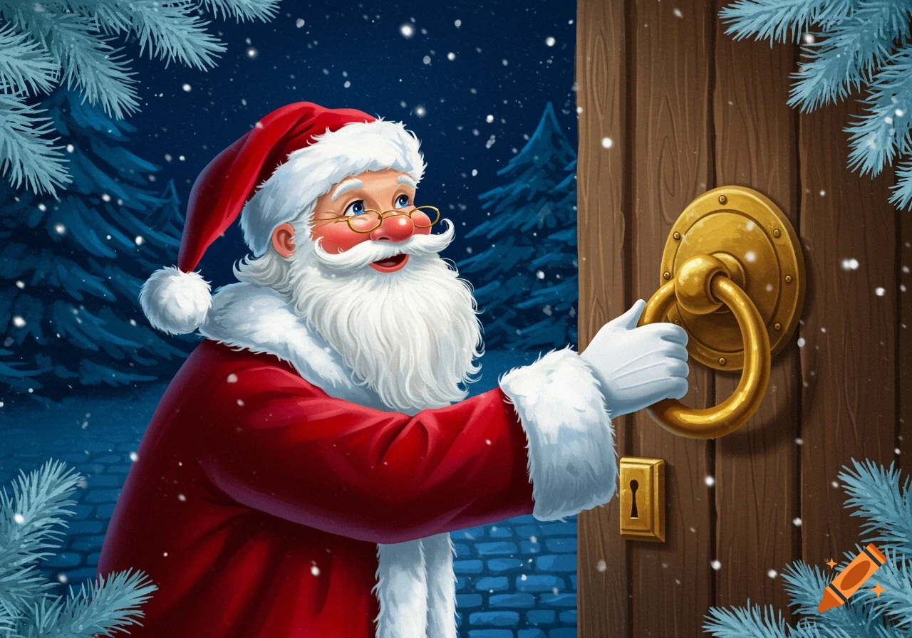 An illustration of Santa Claus in a snowy forest, holding a large golden doorknob on a wooden door.