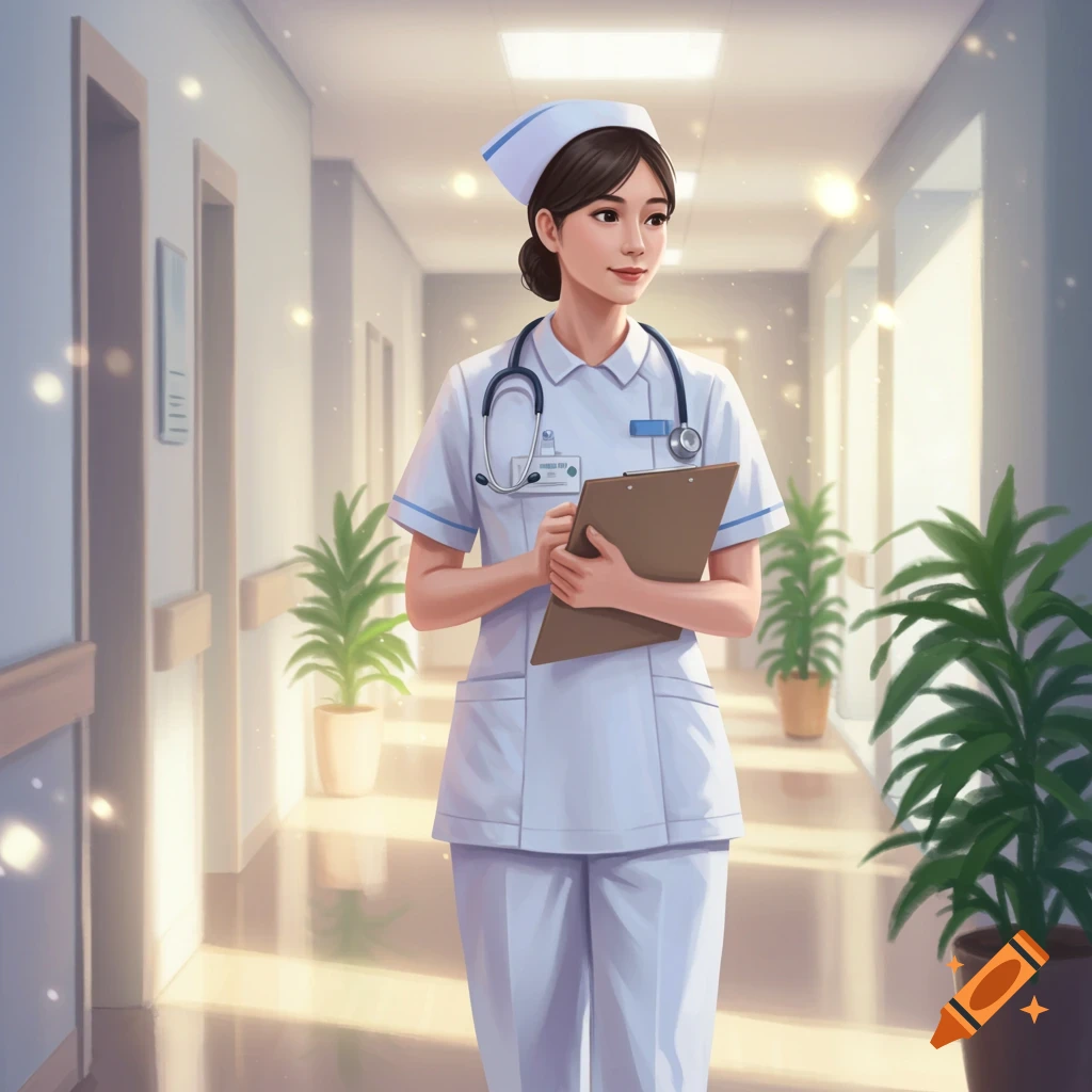 A young woman dressed as a nurse stands in a bright hospital hallway, holding a clipboard, in an anime art style.