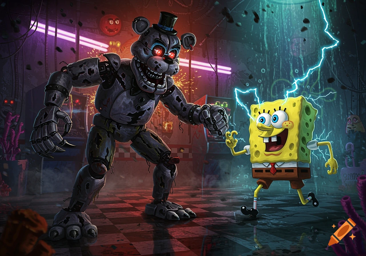 Freddy Fazbear, a damaged animatronic bear, confronts Spongebob Squarepants, who is surrounded by lightning, in a dark, industrial room.
