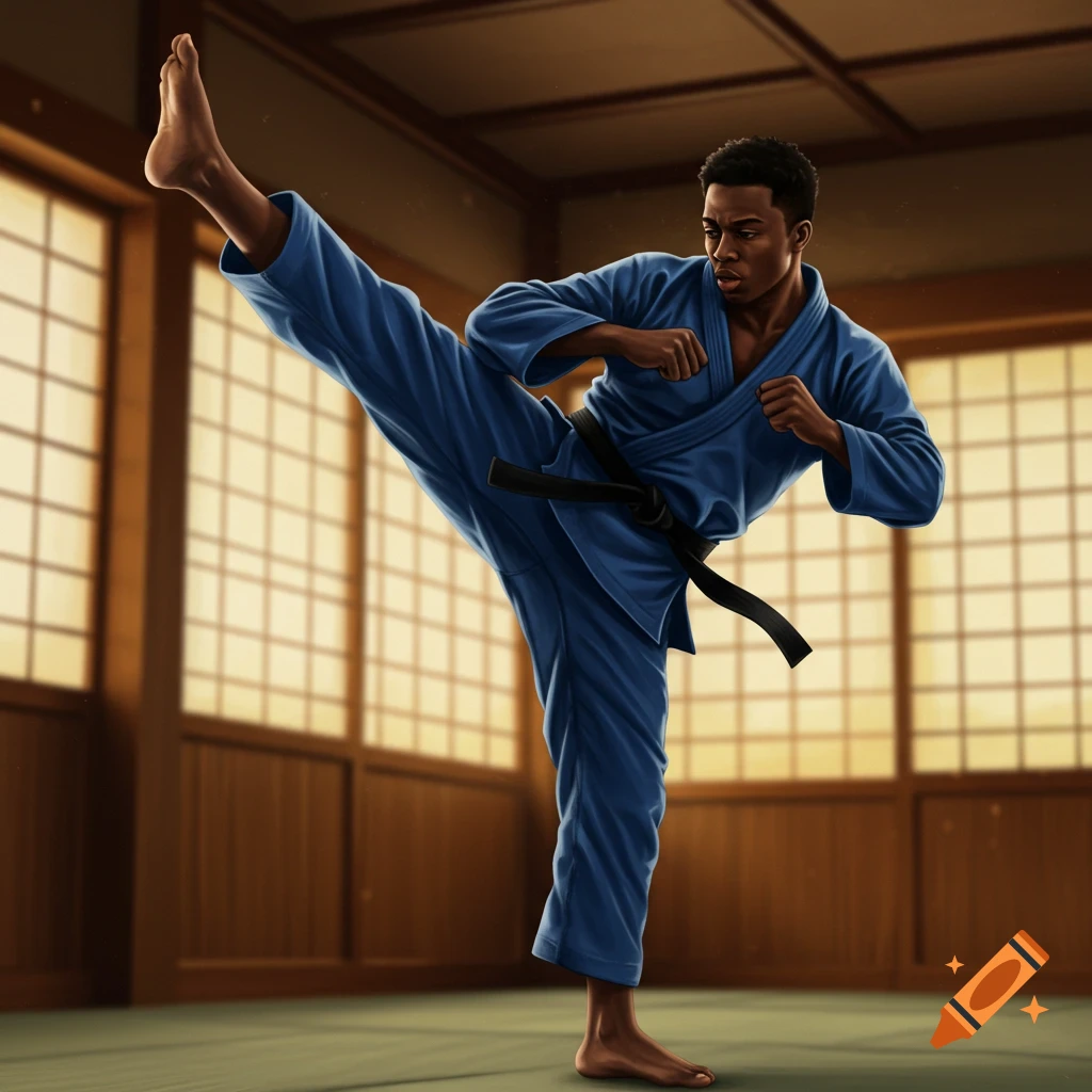 A young Black man in a blue gi with a black belt performs a high roundhouse kick in a dojo.