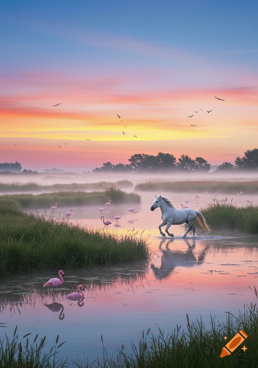 A white horse walks through misty wetland waters surrounded by pink flamingos under a colorful sunrise sky.
