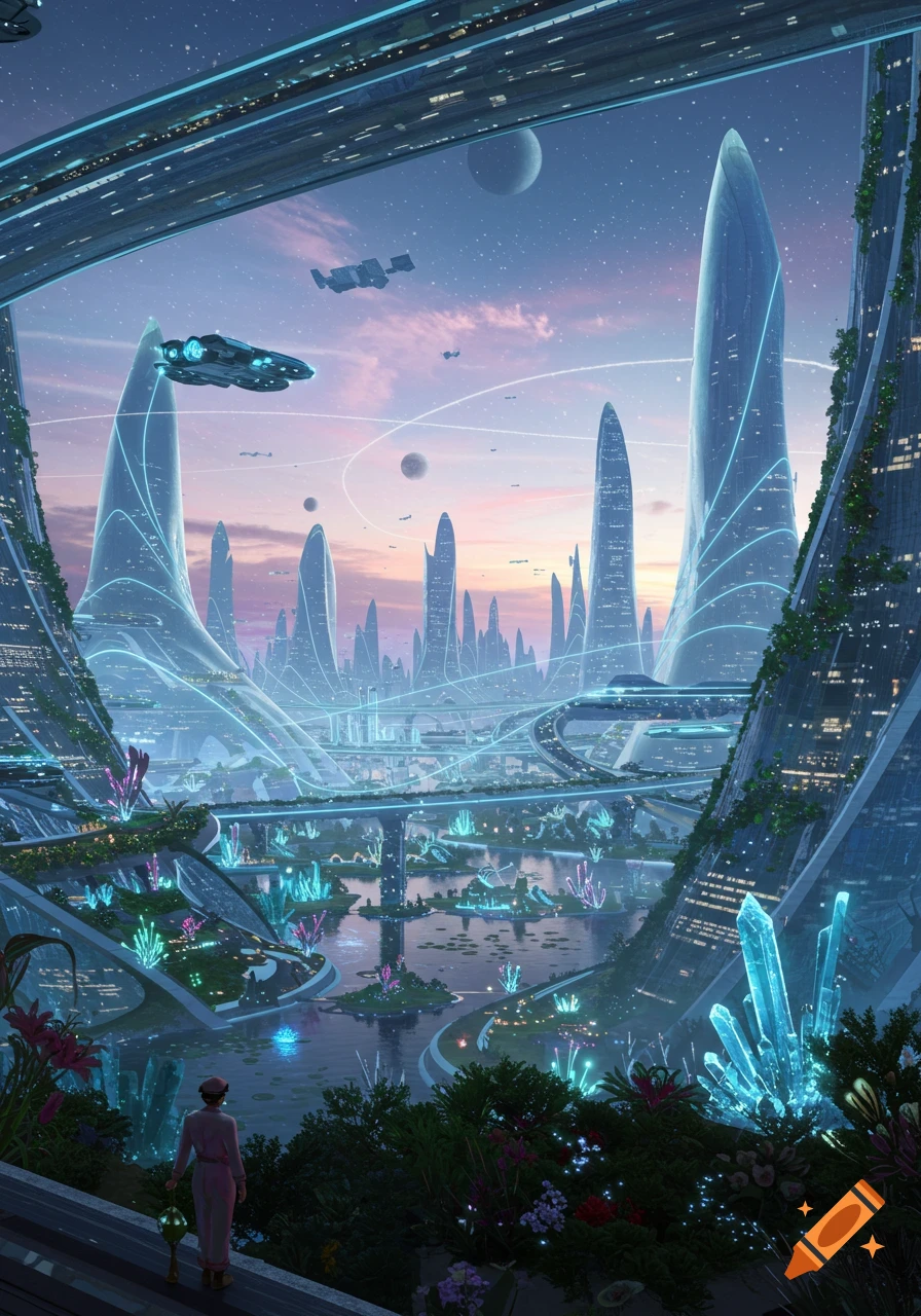 A person views a vast, luminous futuristic city with towering spires, advanced architecture, flying vehicles, and glowing plants under a twilight sky.