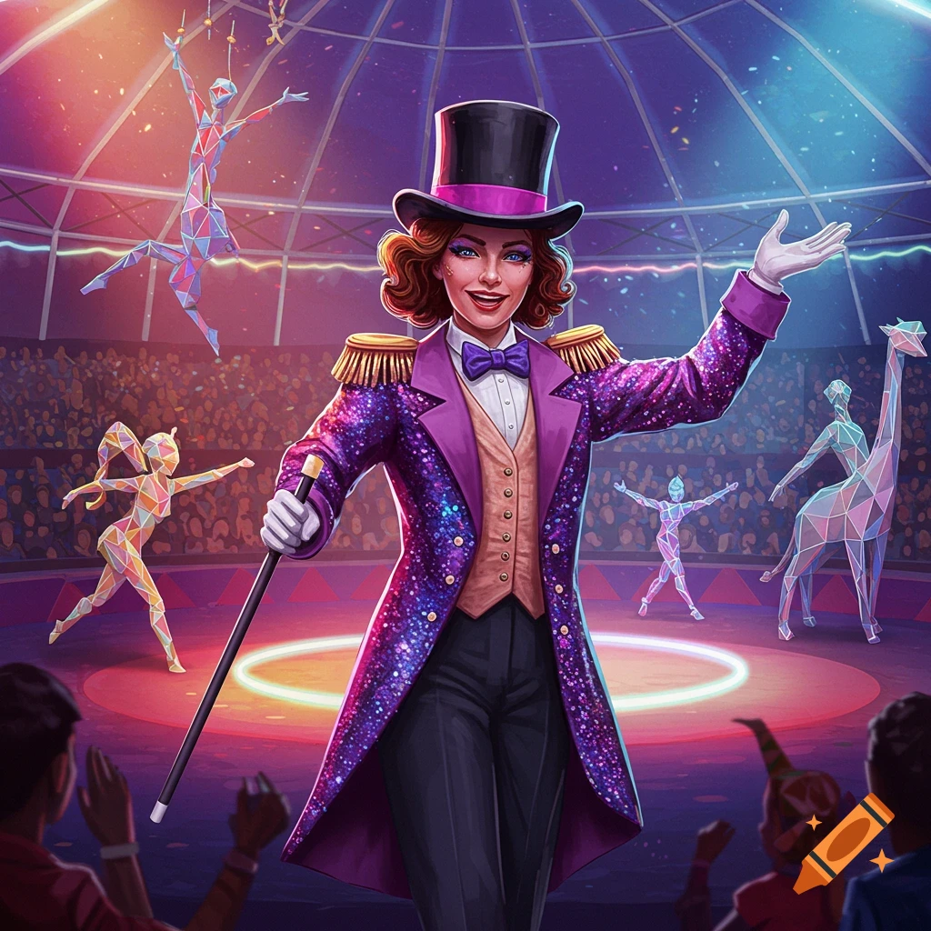 A vibrant digital illustration of a smiling female ringmaster in a sparkling purple jacket, standing in a circus tent with polygonal performers and an audience.