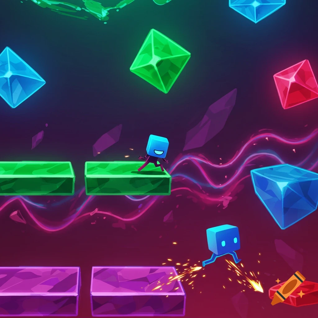A blue block character with a happy face jumps between green platforms in a dark, neon-lit space with floating geometric shapes.