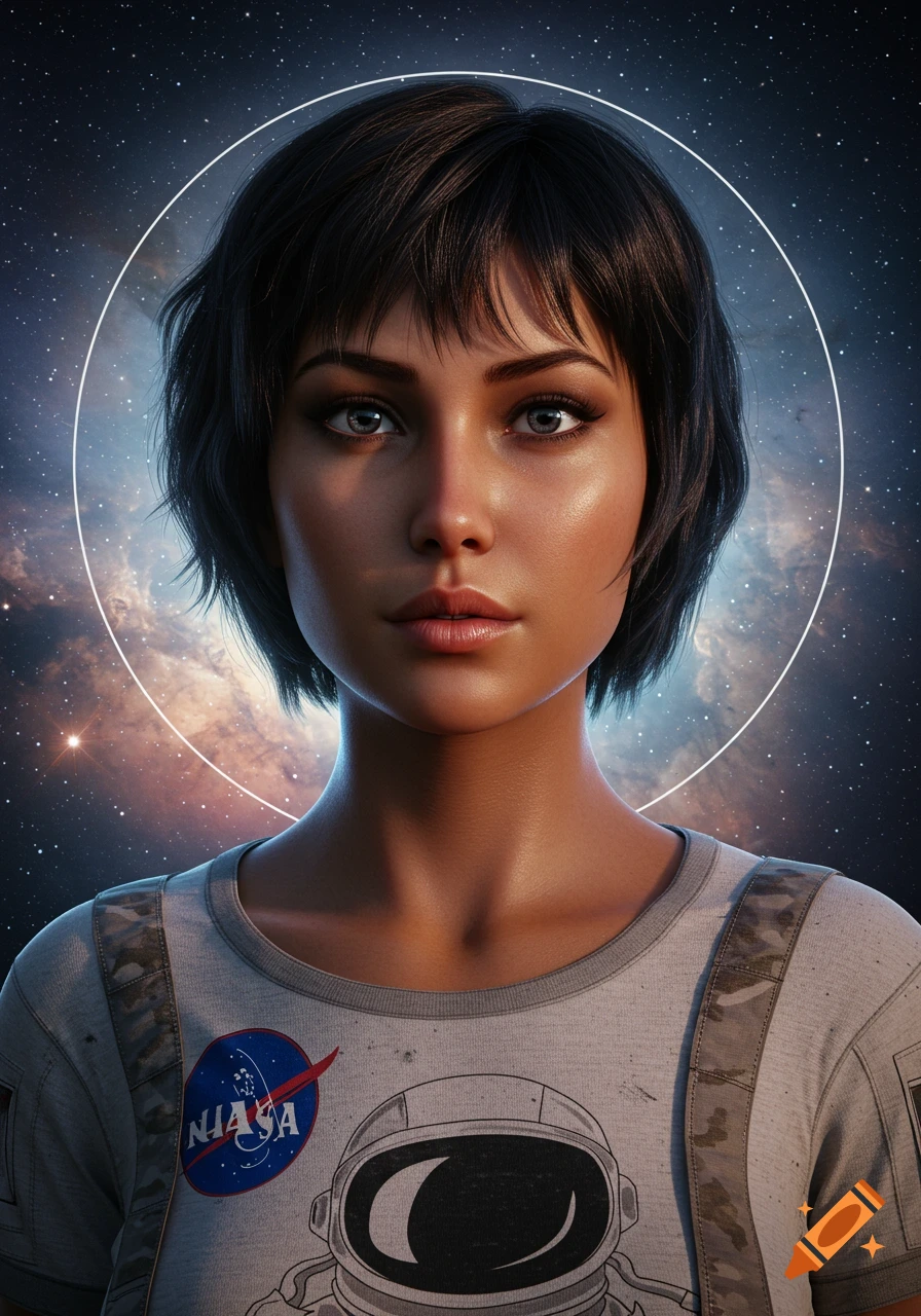 Photorealistic portrait of a young woman astronaut with short dark hair, wearing a white shirt with a NASA logo, against a starry space background.