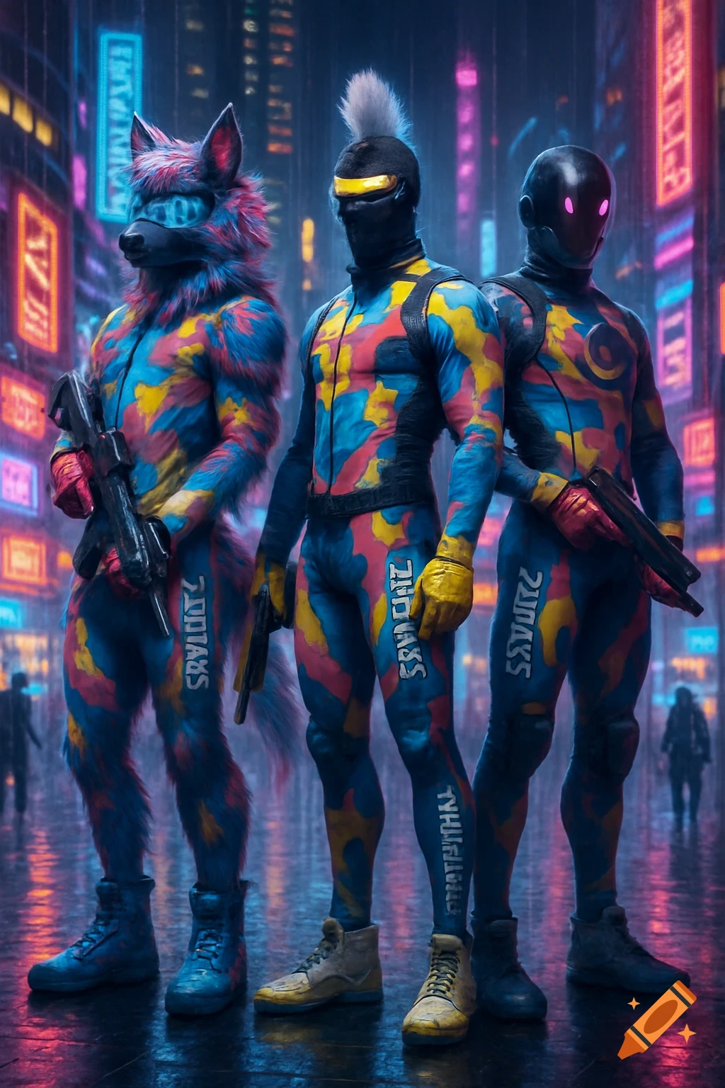 Three futuristic mercenaries in colorful camouflage bodysuits, one with a wolf fursuit head, standing in a rainy cyberpunk city at night.