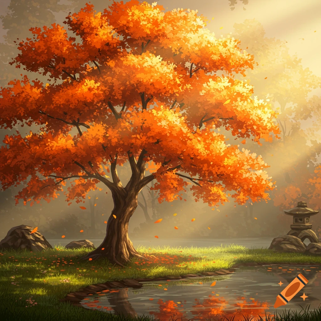 Vibrant orange-leaved tree by a reflective pond with sun rays in an autumn forest illustration.
