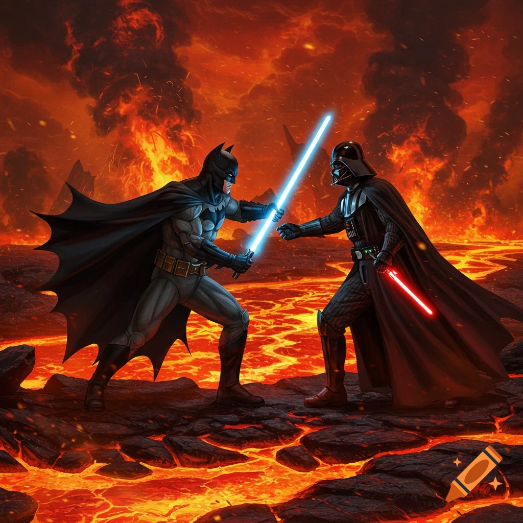 Batman wielding a blue lightsaber battles Darth Vader with a red lightsaber on a fiery, lava-filled planet. Detailed illustration.