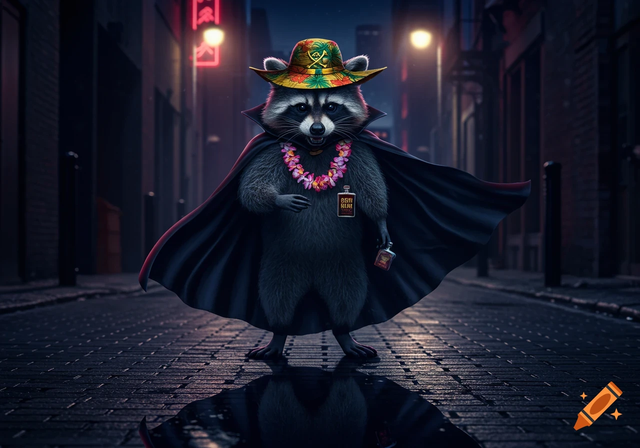 A fierce raccoon wearing a dark cape, a colorful Hawaiian-themed hat, and a lei, holding a small bottle in a dark city alley at night.