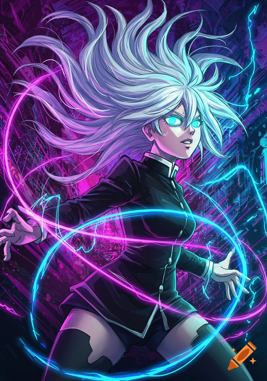 Anime-style female character with white hair and glowing blue eyes, surrounded by neon pink and blue energy.