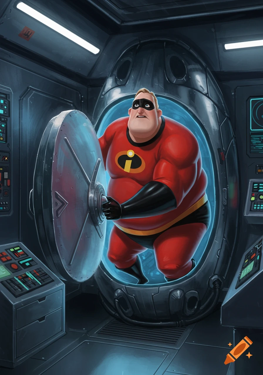 Mr. Incredible, a large man in a red superhero suit, struggles to squeeze into a small, futuristic escape pod in a dimly lit, metallic room.