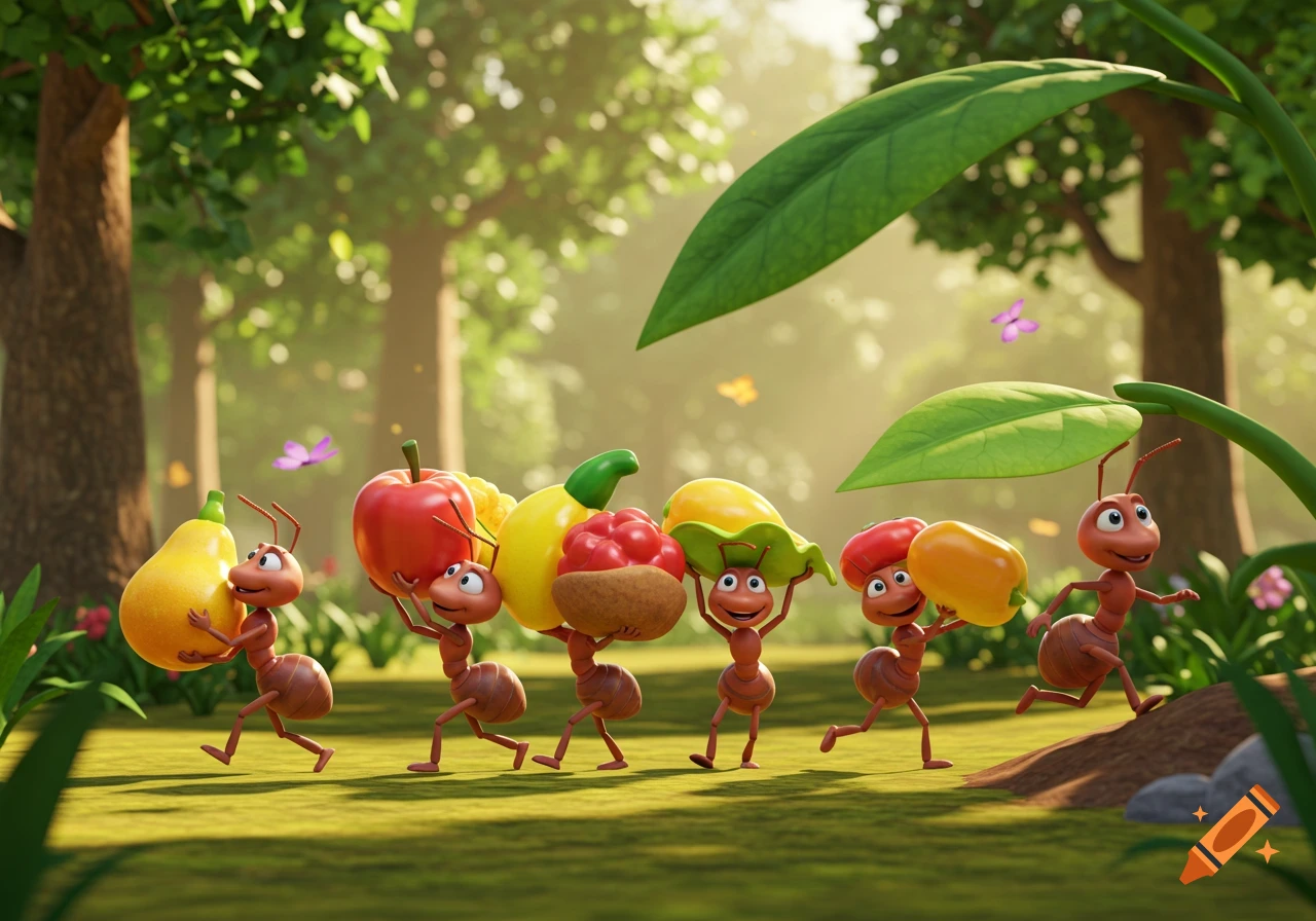 Cartoon ants proudly carrying fruits and a leaf through a sunny green forest in a 3D Pixar style.