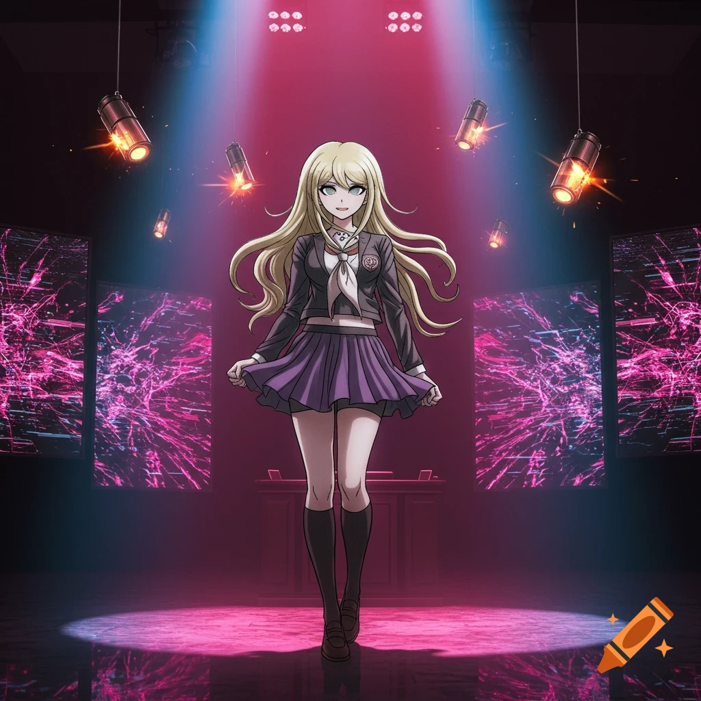 Anime character Kaede Akamatsu on a stage with pink and blue spotlights and abstract screens.