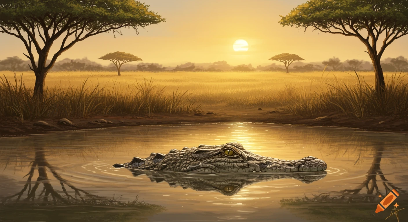 A crocodile's head and back emerge from a watering hole at sunset in the African savanna, with golden light reflecting on the water.