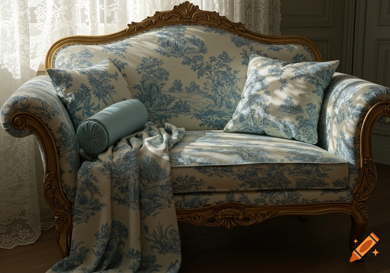 An ornate gold-framed sofa upholstered in blue and white toile fabric, with a matching throw blanket and a light blue bolster pillow, bathed in sunlight near a lace-curtained window.