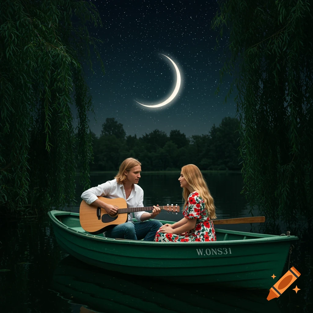 A blonde man plays an acoustic guitar for a blonde woman in a green rowing boat on a lake under a crescent moon and stars at night.