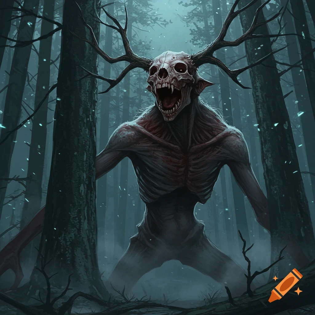 A monstrous wendigo-like creature with a skull head and antlers screams in a dark, misty forest, digital painting.