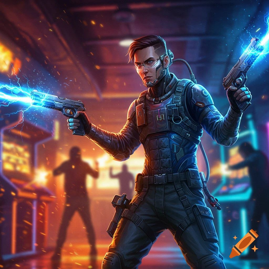 A male cyberpunk gamer in a tactical suit holds two glowing energy pistols in a neon-lit futuristic arcade setting.