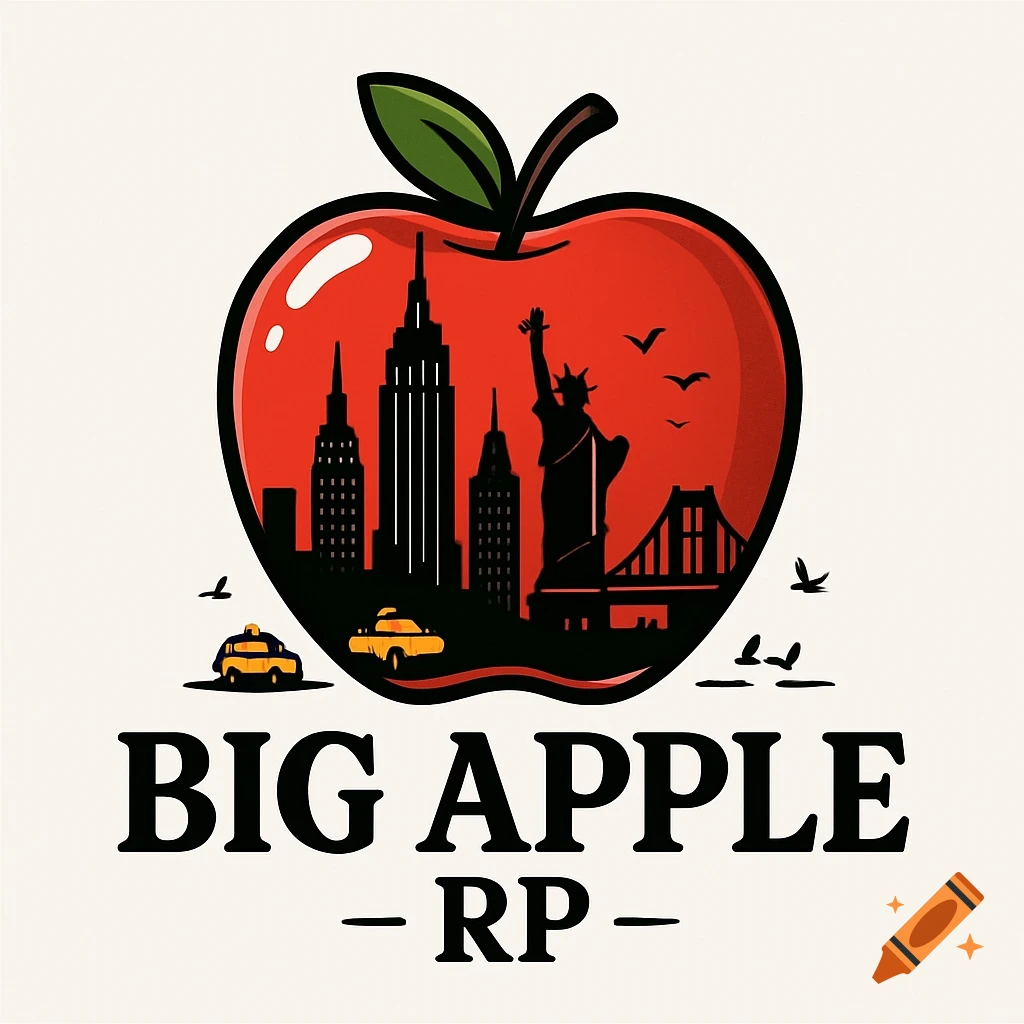 Logo featuring a red apple with a New York City skyline silhouette inside, and text 'BIG APPLE - RP -' below.