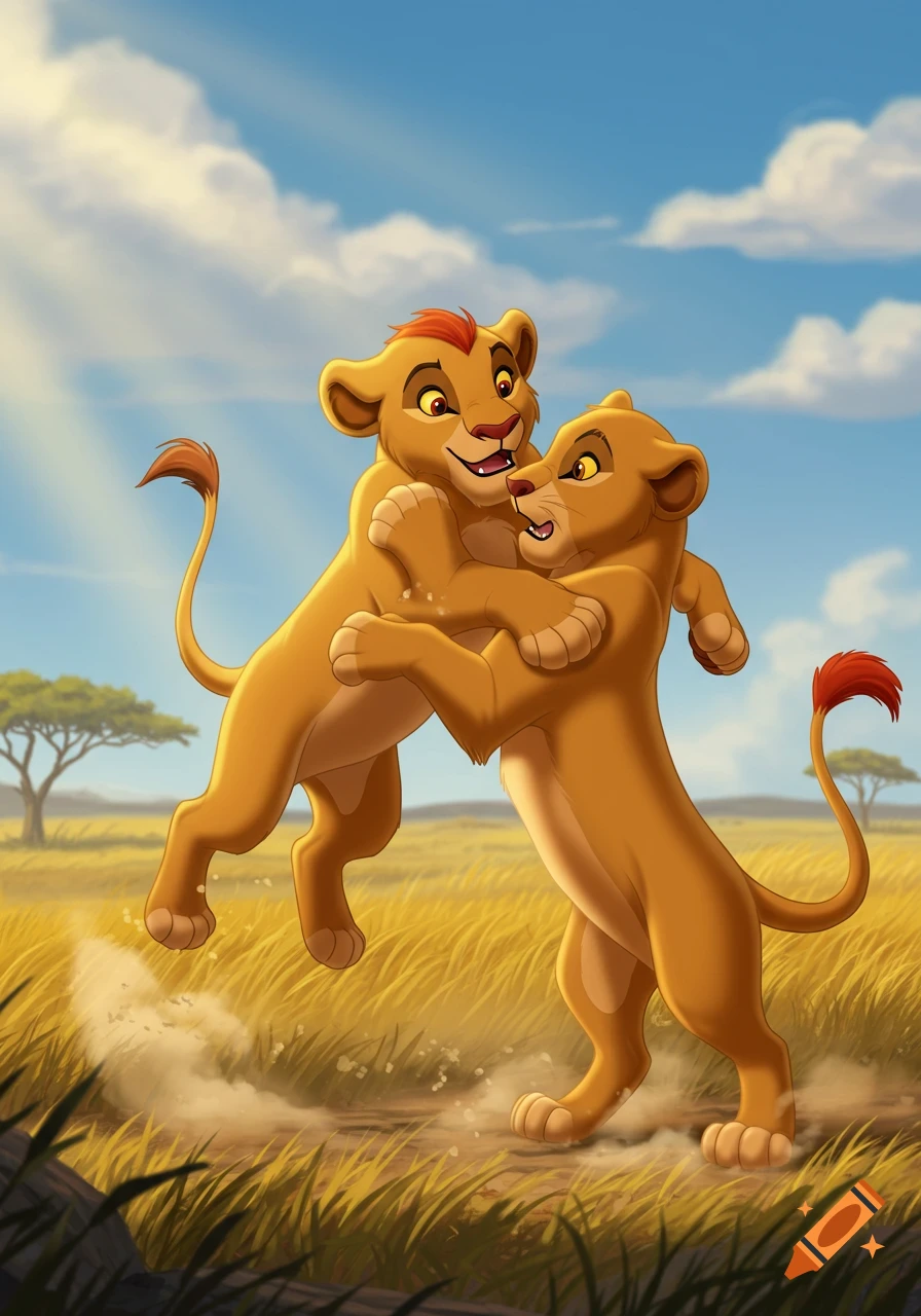 Two cartoon lion cubs, Kovu and Kiara from The Lion King, play-fighting in a sunny savanna field.