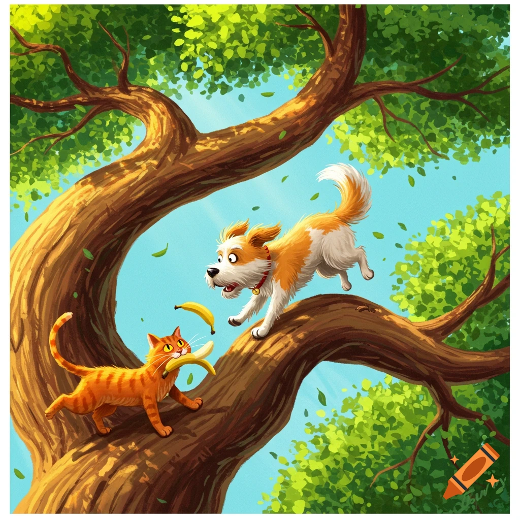 A cartoon dog jumps from a tree branch while an orange tabby cat below holds a banana in its mouth. Bright illustration.