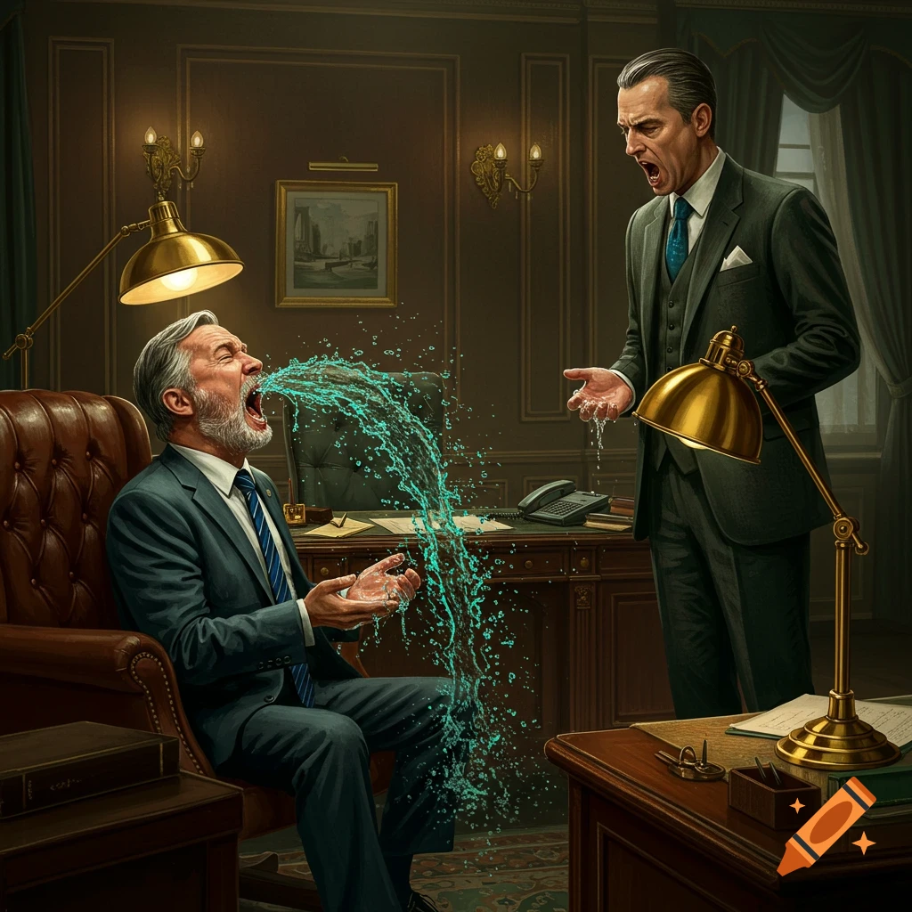 Two men in suits in an office. One seated man spits a large stream of green liquid, while the standing man watches with wet hands.