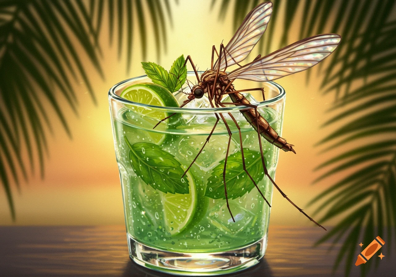 A large mosquito perched on the rim of a glass of mojito, with lime slices and mint leaves, against a tropical background.