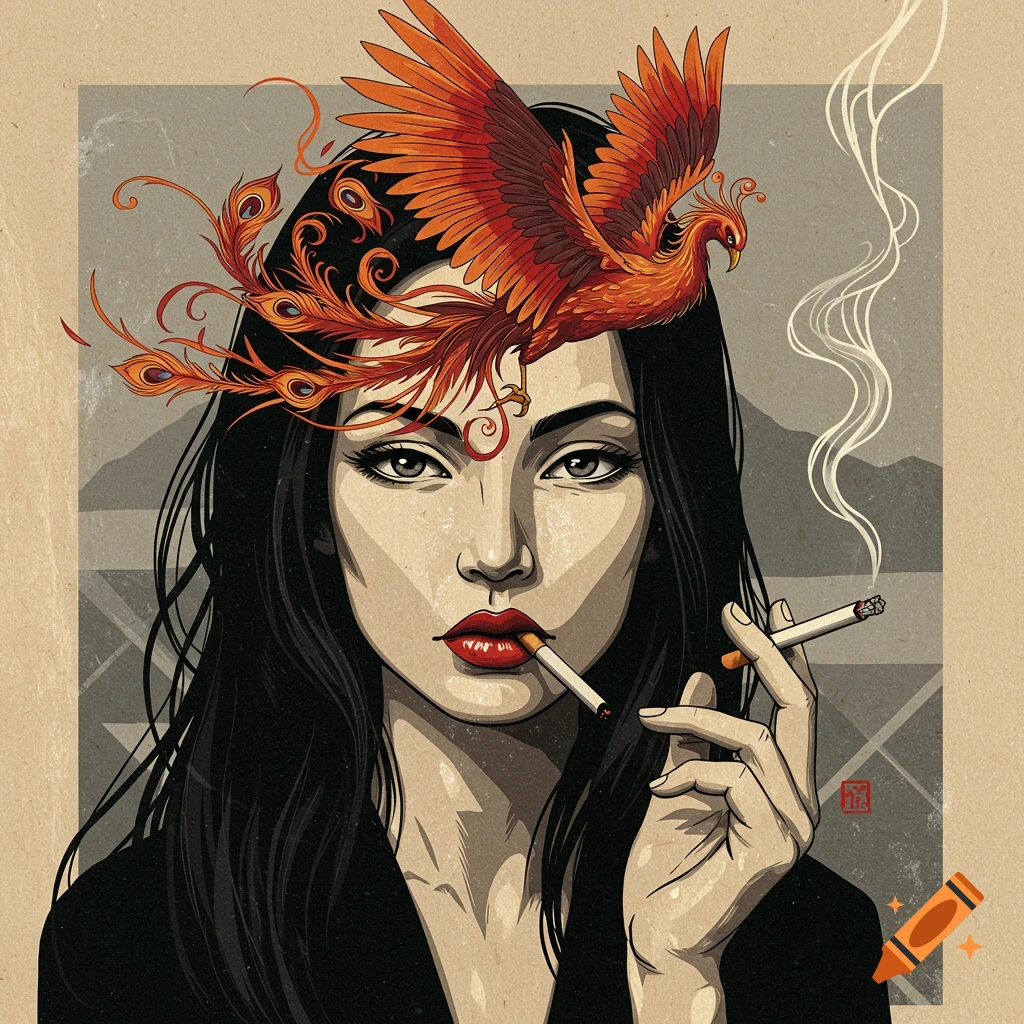 A stylized illustration of a woman with long dark hair, red lips, and a cigarette in her mouth, holding another. A fiery orange phoenix appears to emerge from the smoke above her head.