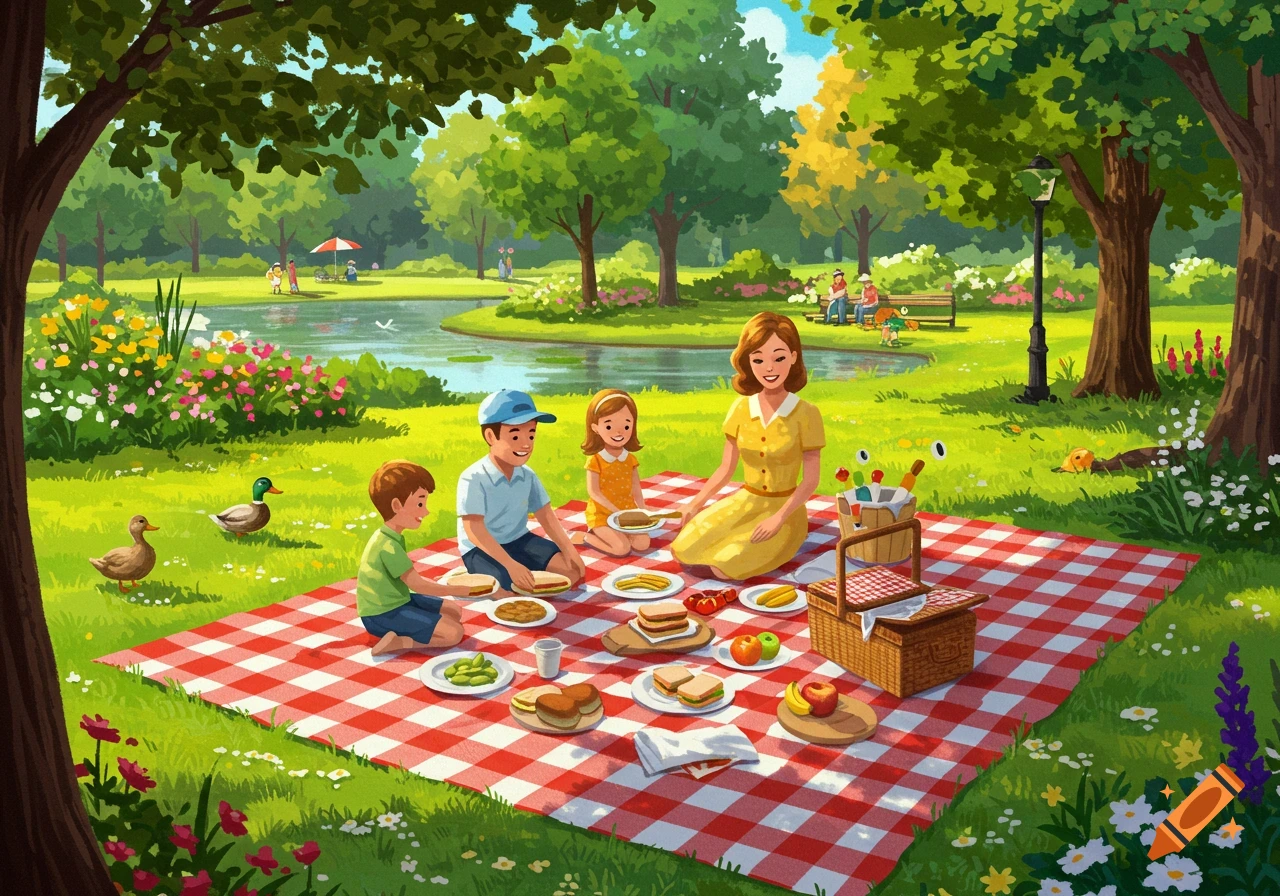 A family of three (mother and two children) enjoys a picnic on a checkered blanket in a lush green park with a pond, ducks, and distant figures.