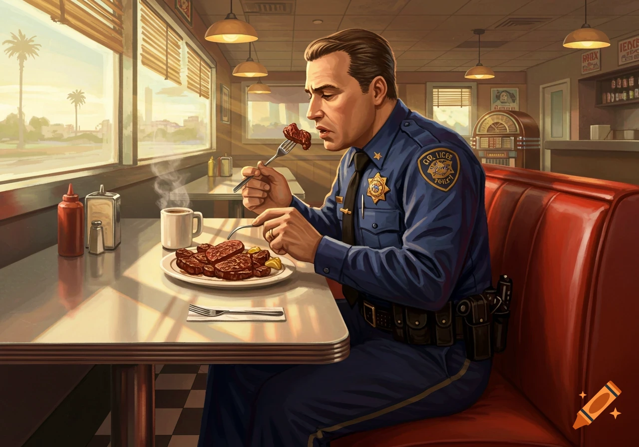 An illustrated image of a police officer in uniform sitting in a diner booth, eating beef tips with a fork.