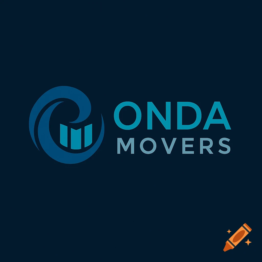 A logo for Onda Movers with a stylized wave-like O and three vertical bars for M, in blue and grey on a dark background.