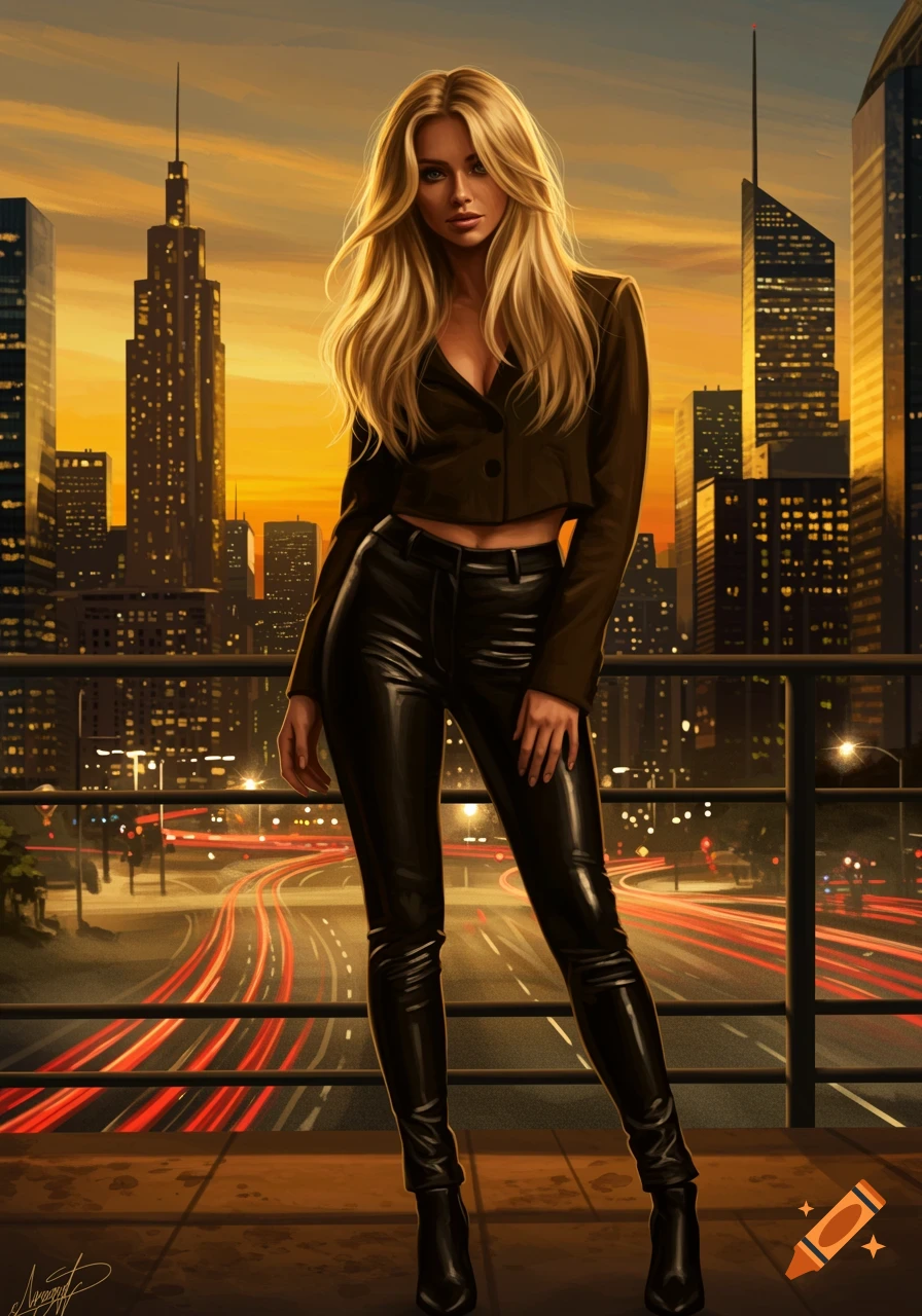 Blonde woman in cropped jacket and black leather pants overlooking a city at sunset with light trails.