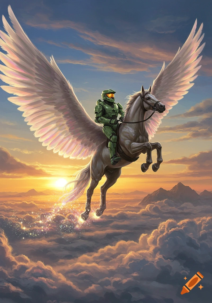 Master Chief rides a winged Pegasus through a sunset sky filled with clouds and sparkling magic in a fantasy painting.